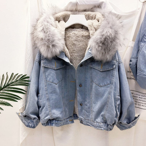 Kendra - Women's Faux Fur Hooded Denim Jacket